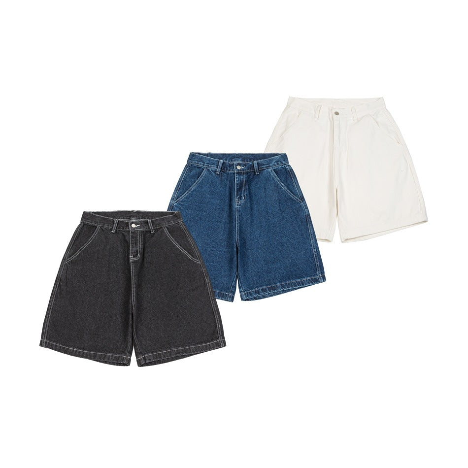 Three pairs of wide-leg denim shorts displayed from the front in black, blue, and off-white.