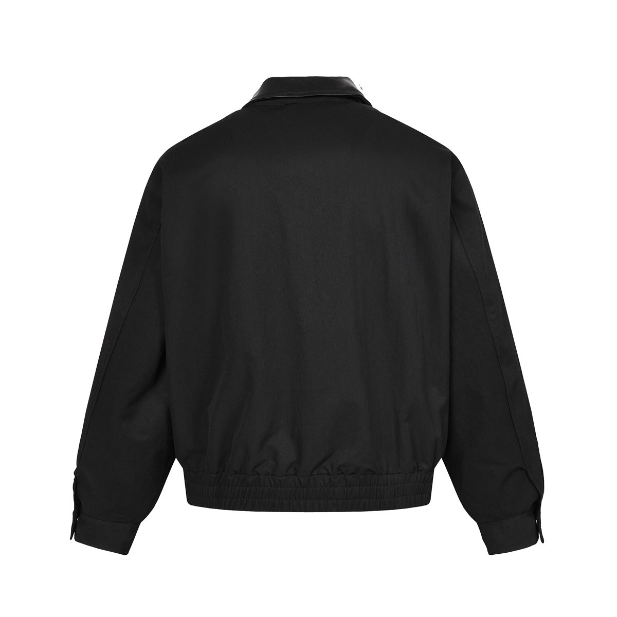 Back view of a plain black jacket with long sleeves, a short elasticized hem, and a leather-look collar.