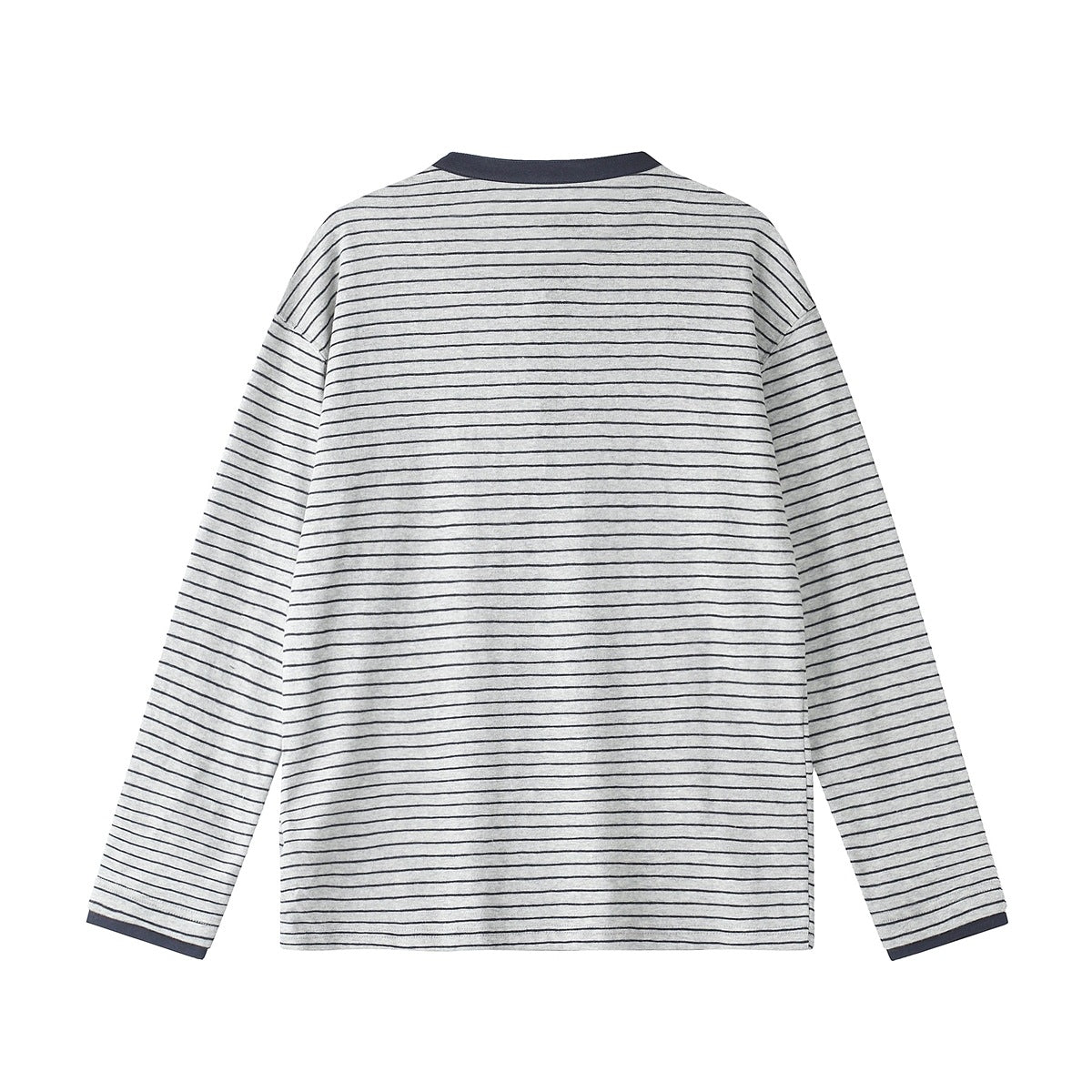 Back view of a light gray long-sleeve shirt with thin navy horizontal stripes and dark collar and cuffs, laid flat.