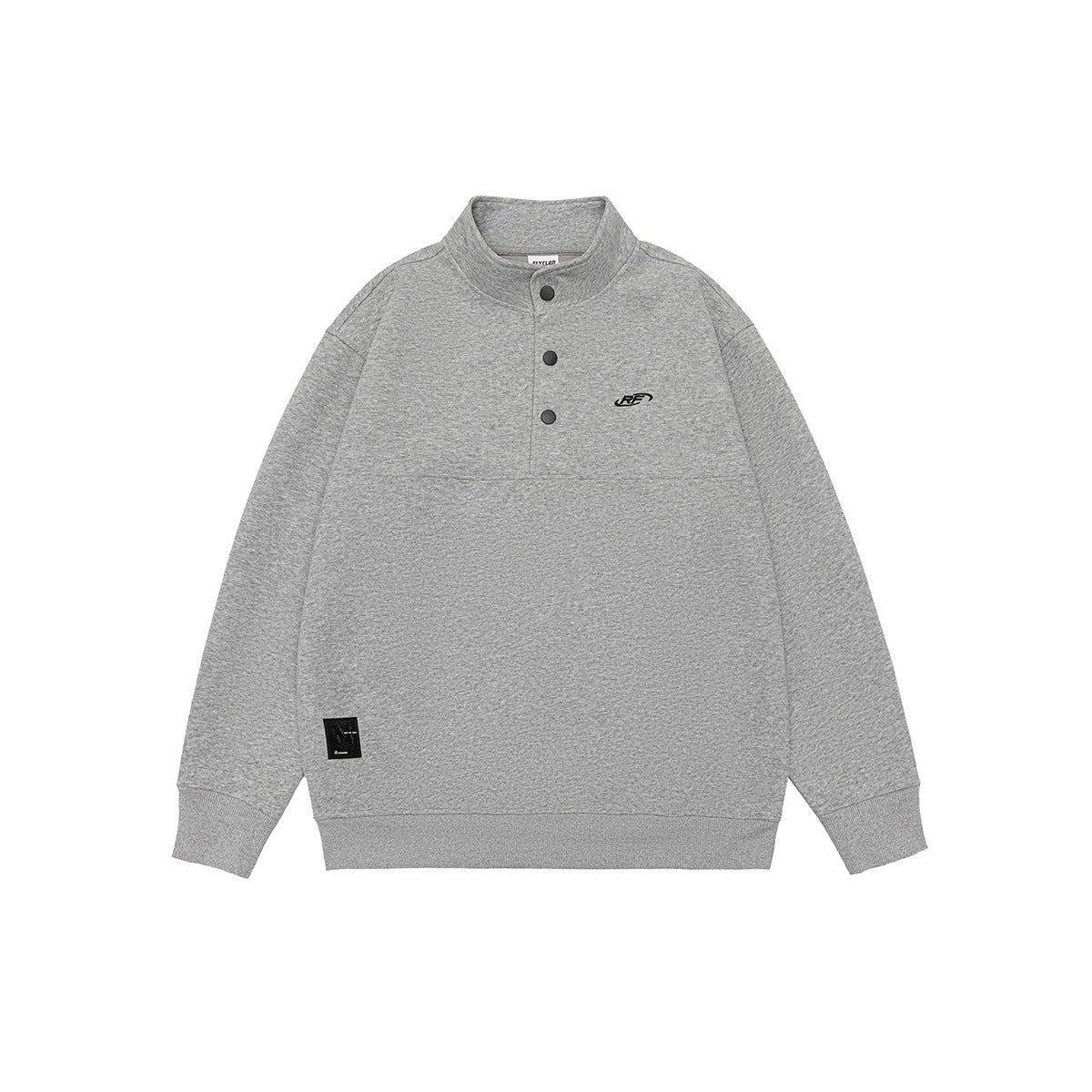 Heather gray stand-collar sweatshirt with three snaps, chest seam, ribbed cuffs and hem, flat lay front view