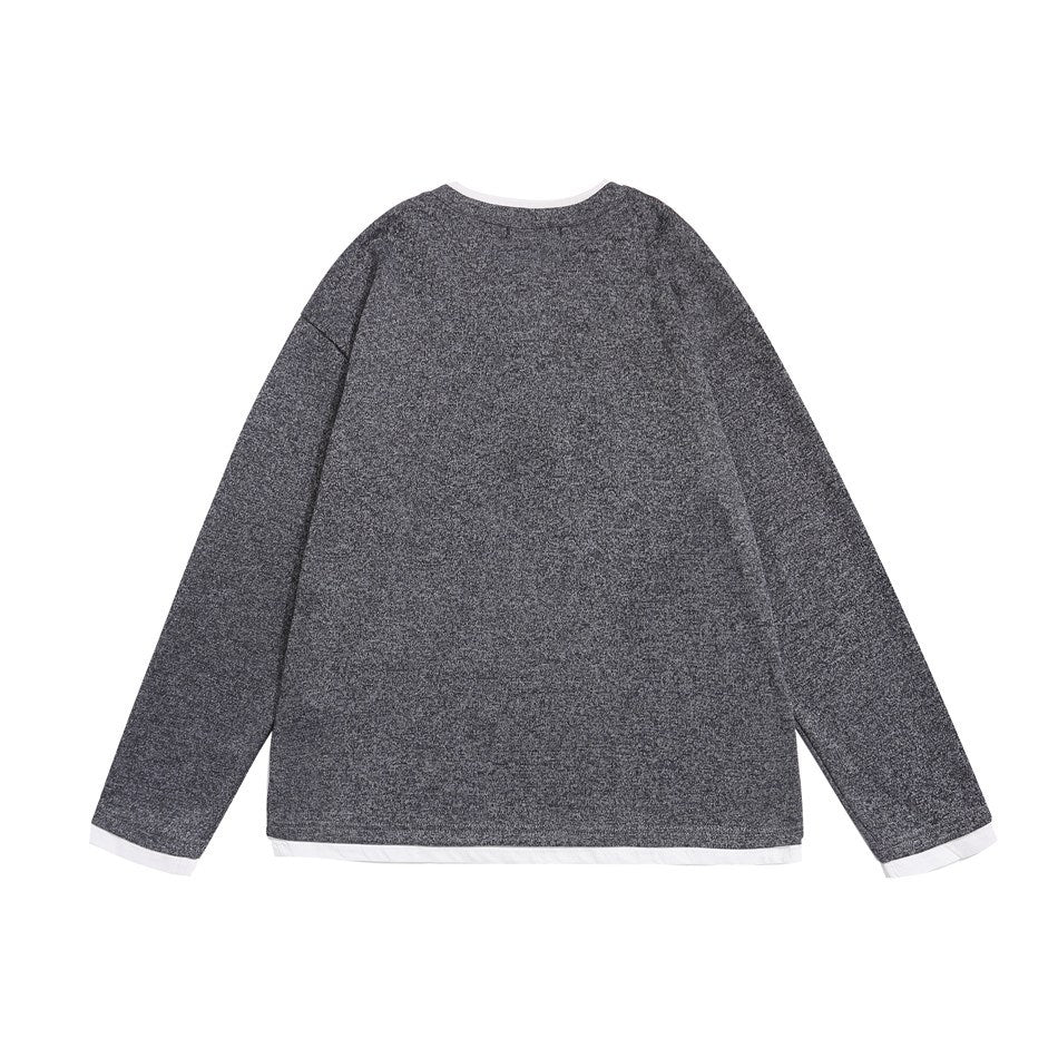 Back view of gray heathered long-sleeve sweatshirt with white trim at neckline, hem and cuffs