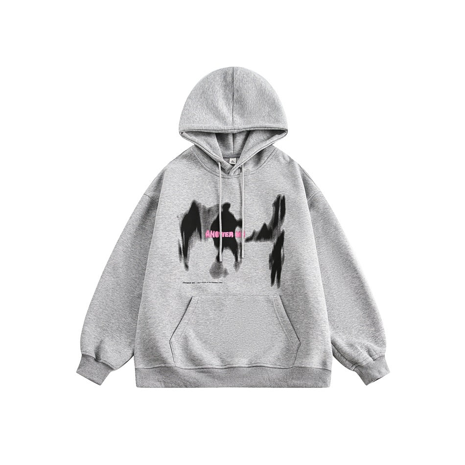 Front view of a light gray hoodie with drawstrings, a kangaroo pocket, and a black-and-pink abstract chest graphic.