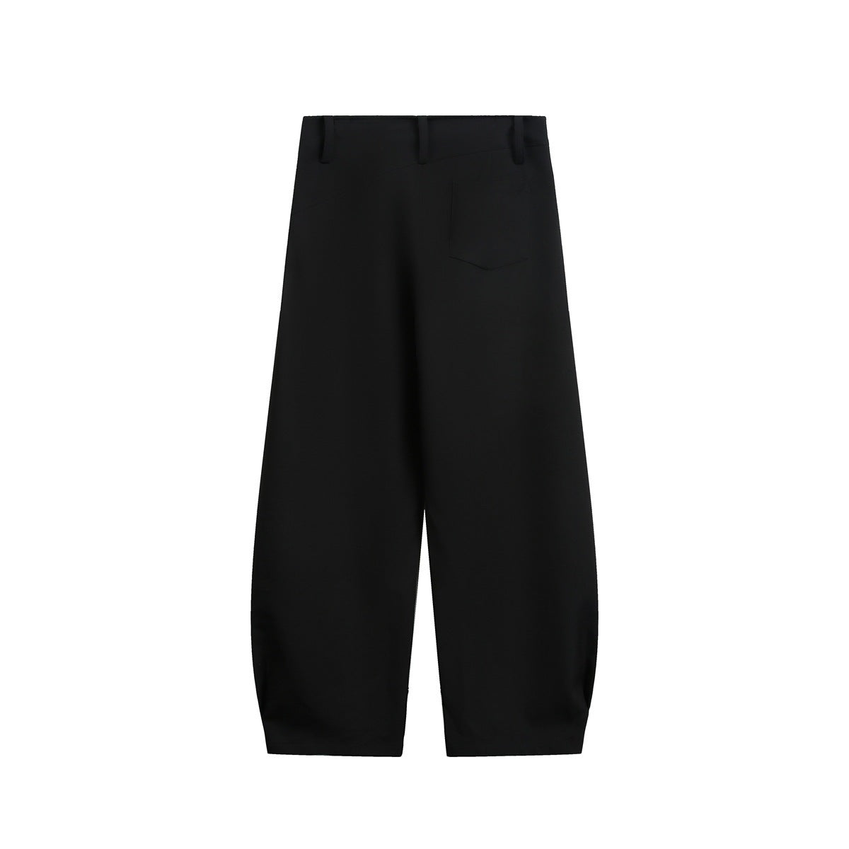 Black wide-leg trousers flat lay, back view with a single back pocket and waist tabs