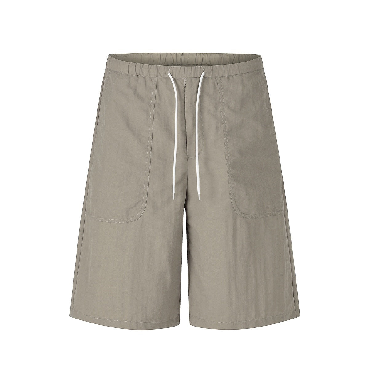 Khaki knee-length shorts with elastic waist, white drawstring and two large front patch pockets, front view
