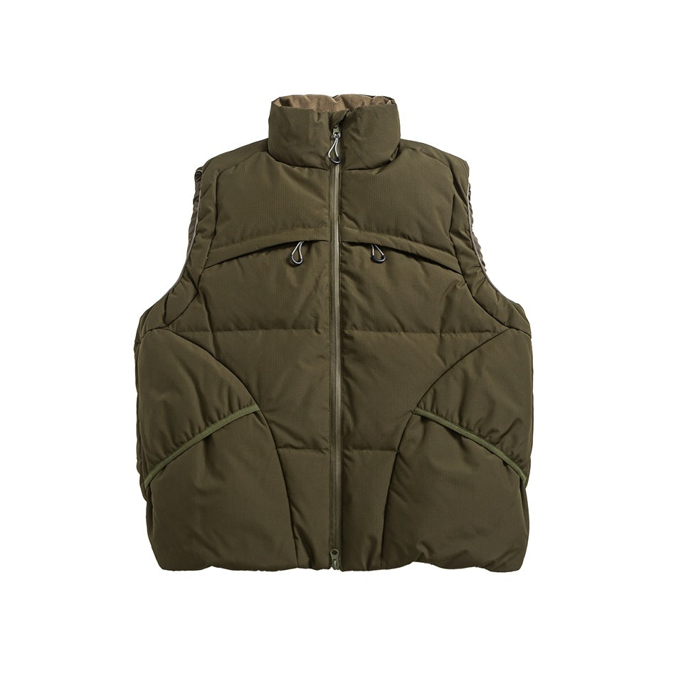 Olive green quilted stand-collar puffer vest, front view, with center zipper, drawcord toggles and matching piping