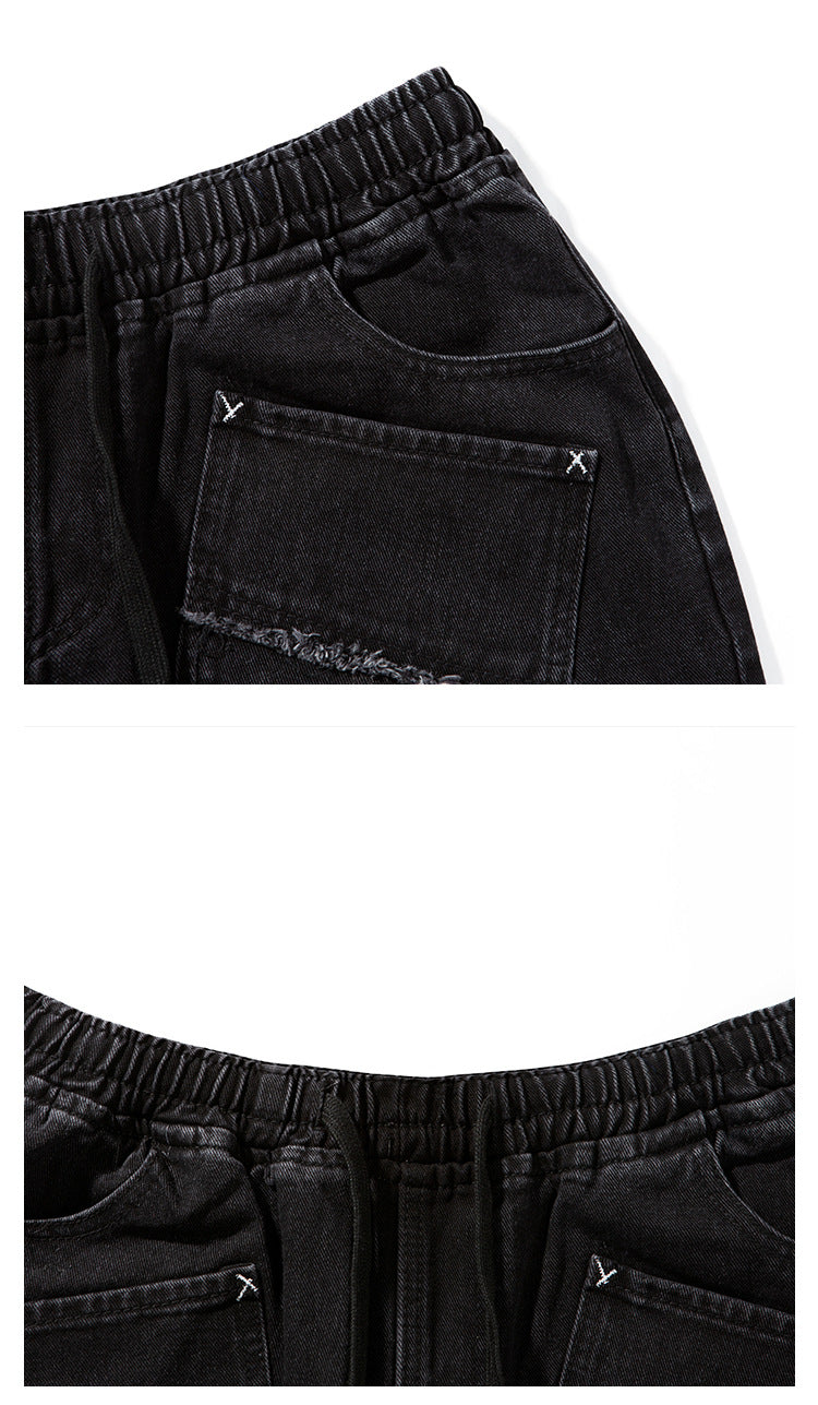Collage of black shorts close-ups showing the elastic waistband, curved pockets, drawstrings, and frayed pocket trim.