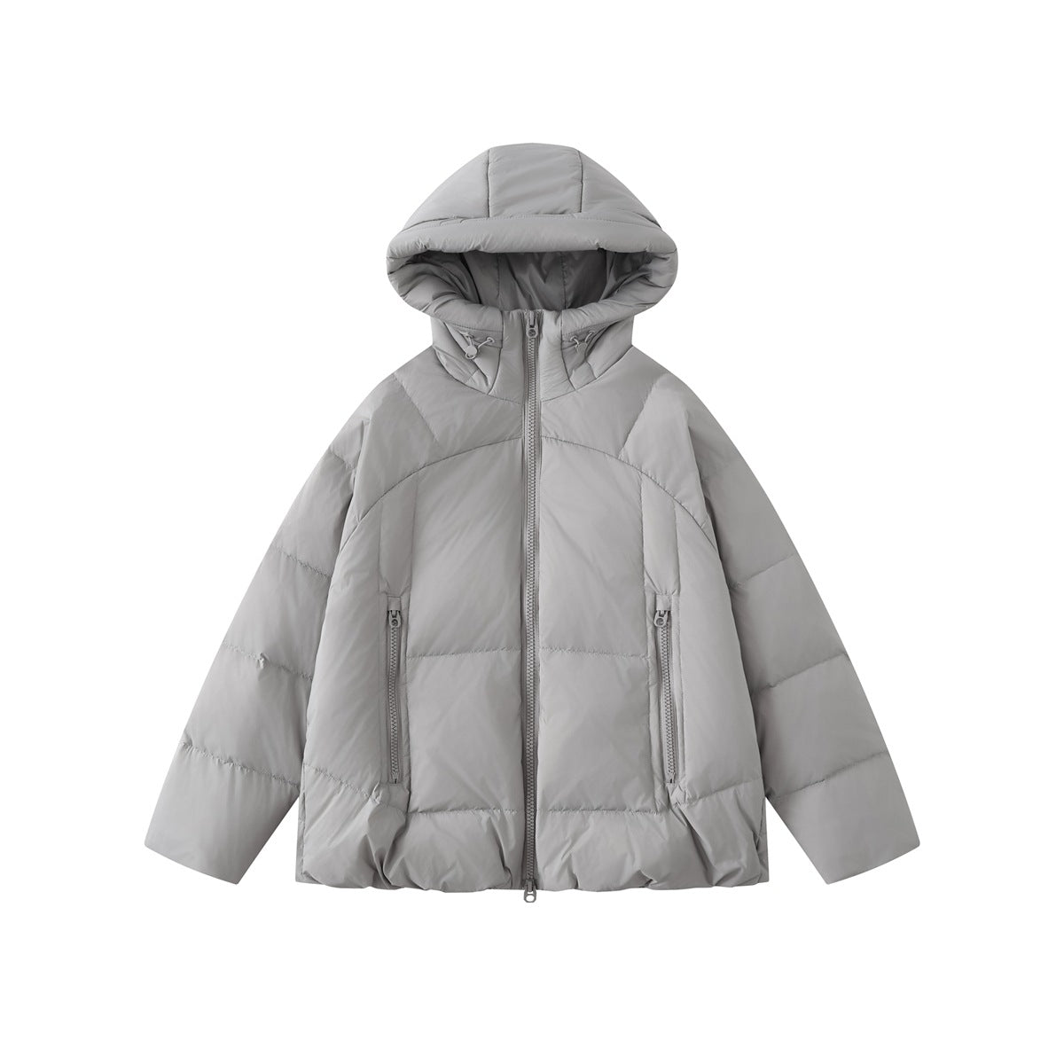 Light gray hooded puffer jacket flat lay, front view with zipper, zippered pockets and quilted body