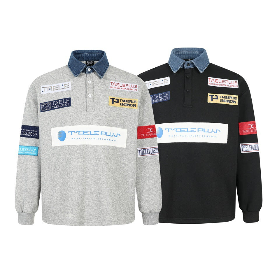 Two long-sleeve collared pullovers shown from the front: one gray and one black, both with denim collars and patches.