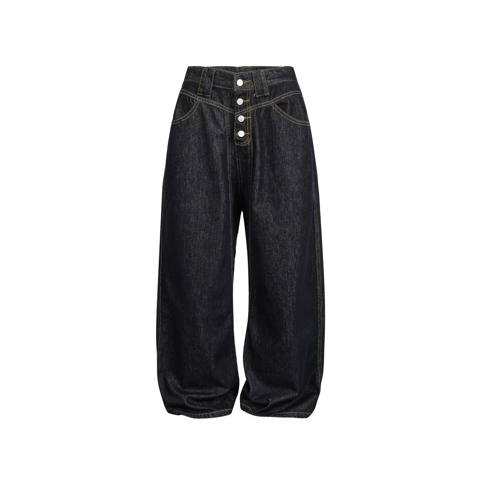 Washed black wide-leg jeans with four-button front, yoke seams and contrast topstitching, flat front view