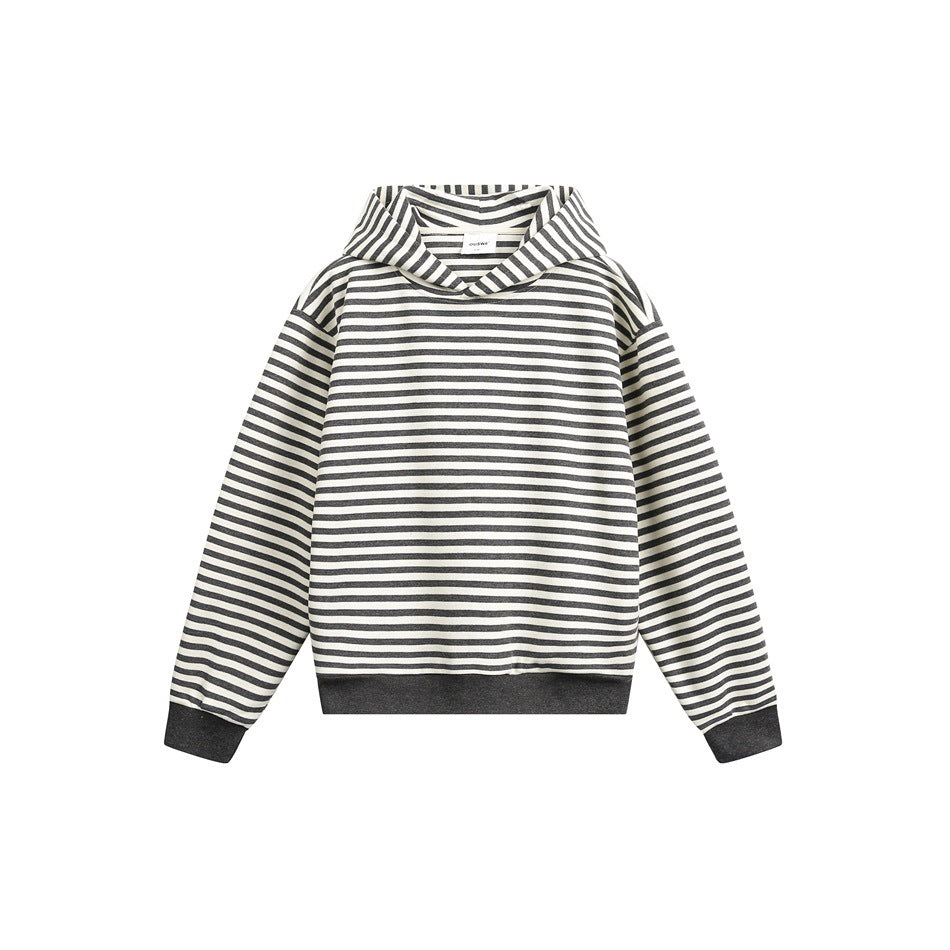 Charcoal and cream striped pullover hoodie with dark ribbed cuffs and hem, flat front view on white