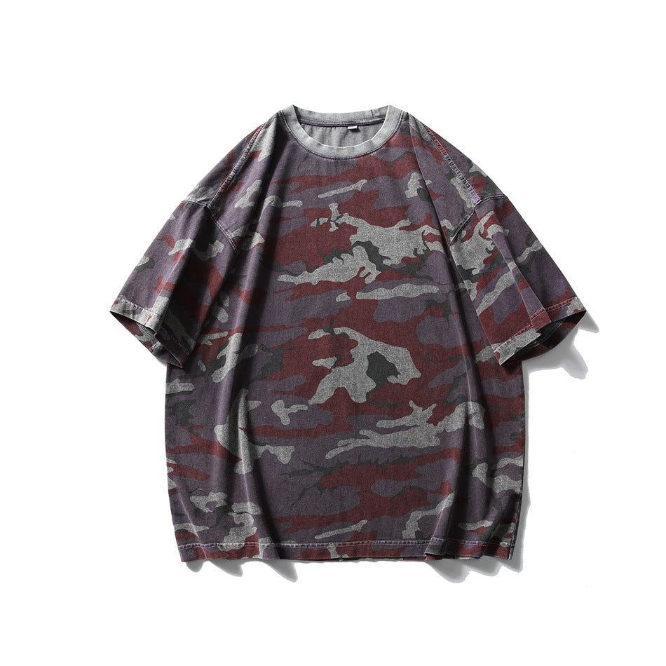 Purple, burgundy and gray camouflage print short-sleeve crew-neck T-shirt with gray collar, flat lay front view