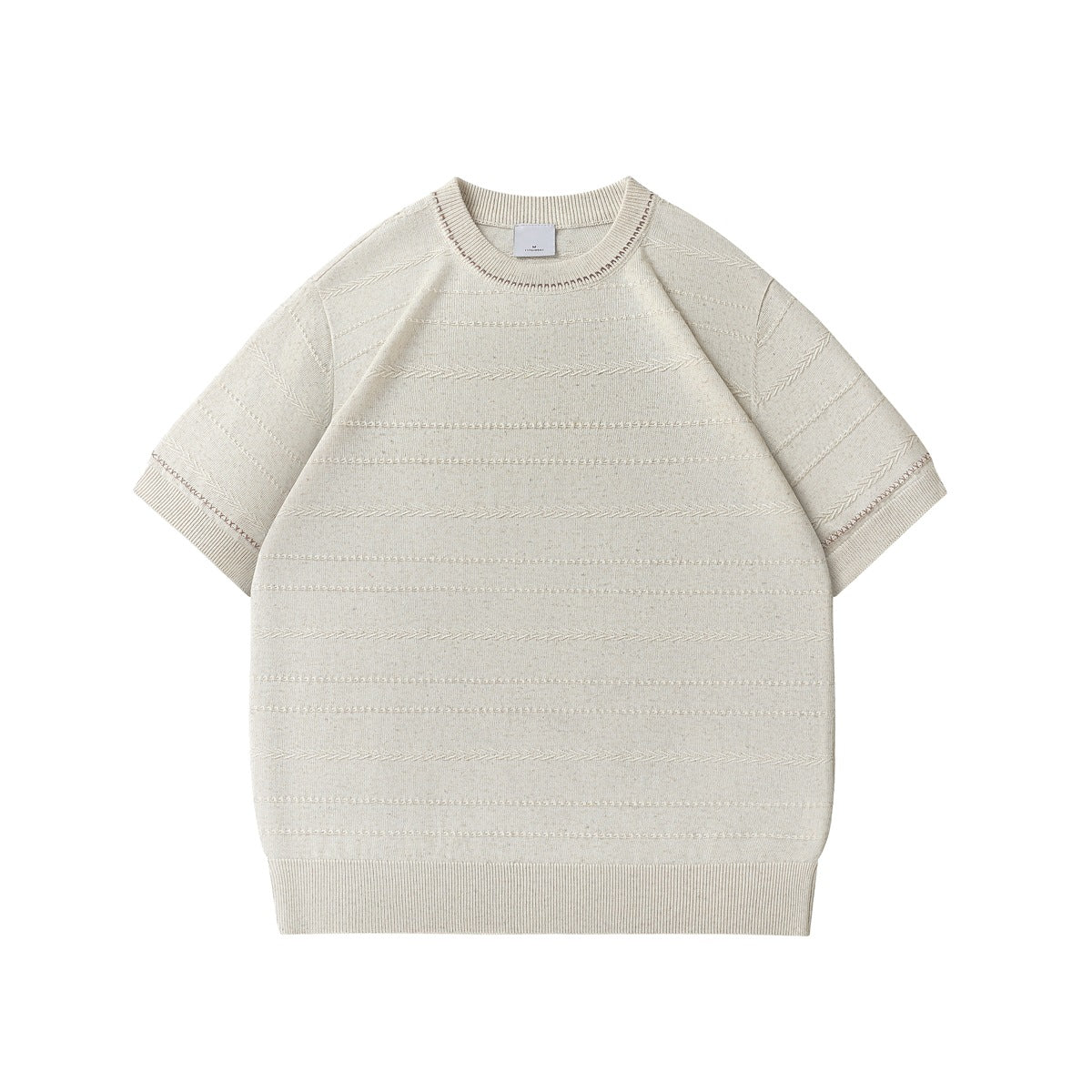 Beige short-sleeve knit top with textured horizontal stripes, ribbed crew neck and contrast stitching, flat lay front