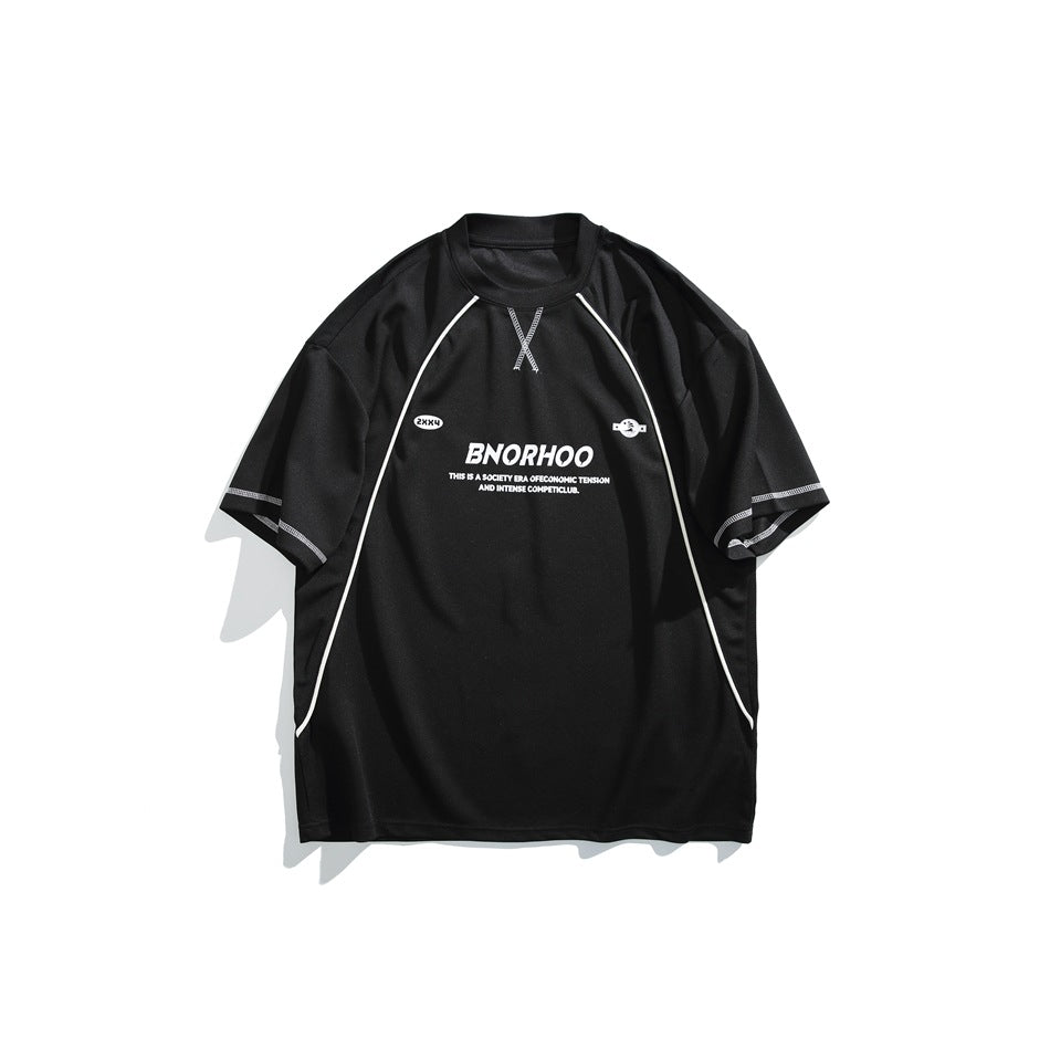 Black short-sleeve crew-neck T-shirt with white piping, contrast stitching and white chest print, flat view