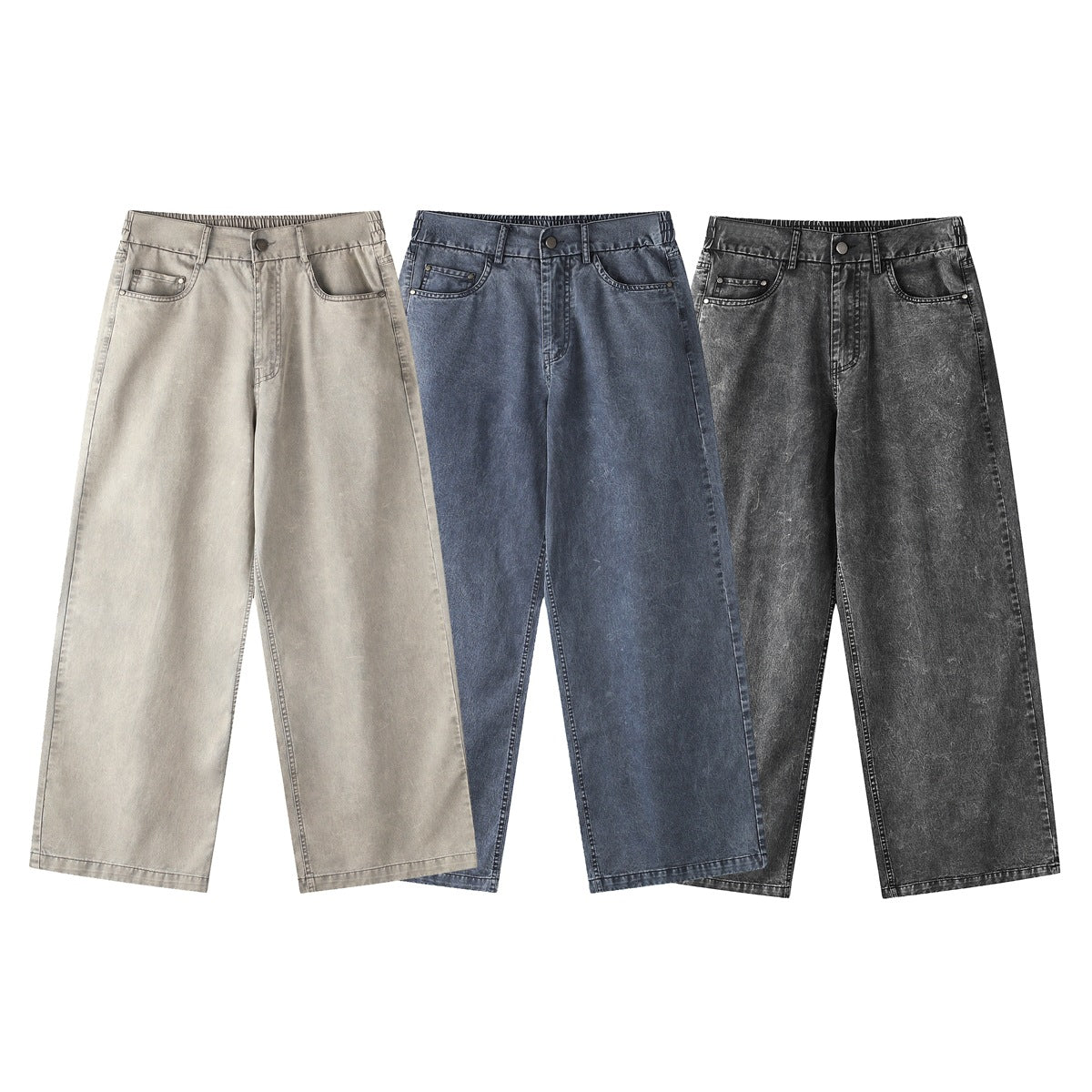 Three pairs of wide-leg jeans shown from the front in light gray, blue, and charcoal washes.