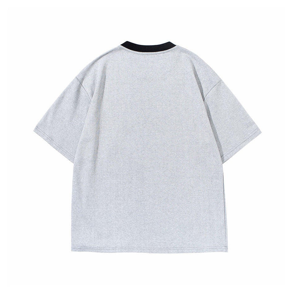 Back view of a plain light gray short-sleeve T-shirt with a black crew neck.