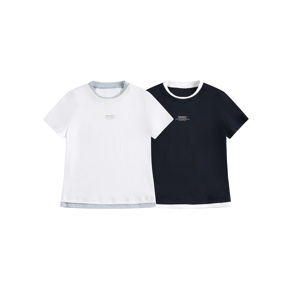 Front view of white and black short-sleeve crew-neck T-shirts with contrasting collars and small chest text.