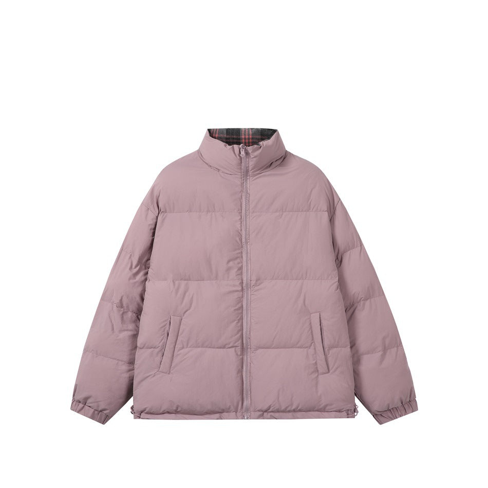 Pink-purple quilted stand-collar jacket with front zipper, pockets and pink gray plaid lining at the collar, flat lay