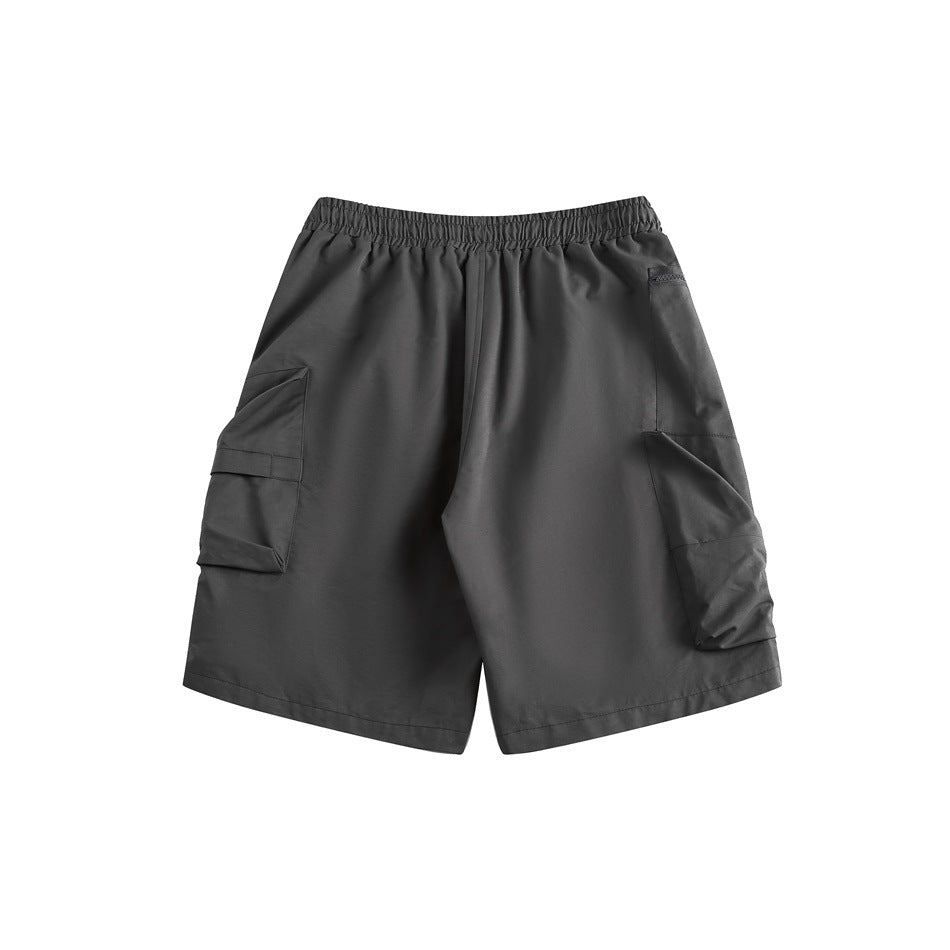 Charcoal cargo shorts with an elastic waistband and large flap side pockets, shown against a white background.