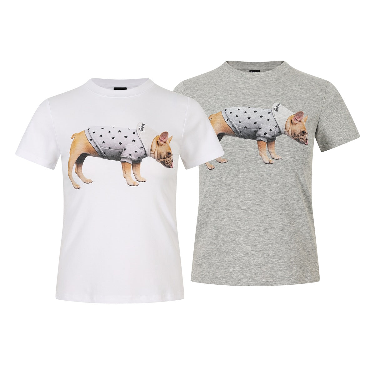 White and heather gray short-sleeve crew-neck T-shirts, each with a French bulldog in a star-print hoodie graphic.