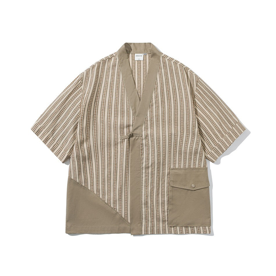 Khaki striped short-sleeve kimono-style jacket with knot closure, contrast collar, triangular panel and flap pocket