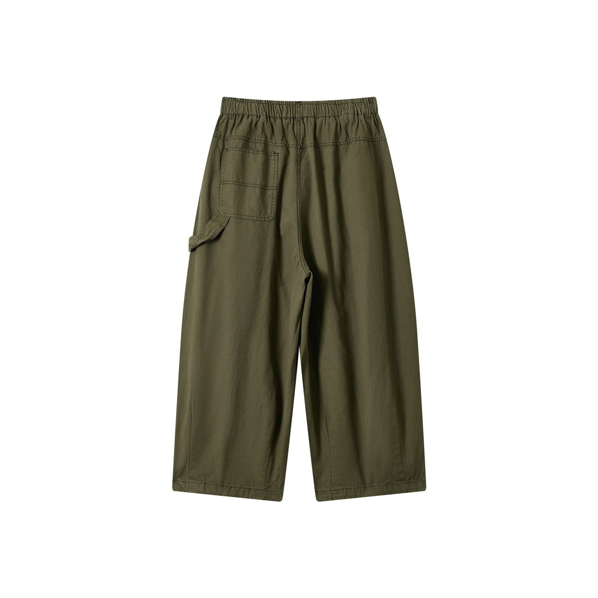 Green wide-leg pants back view with elastic waistband, stitched patch pocket and side hammer loop