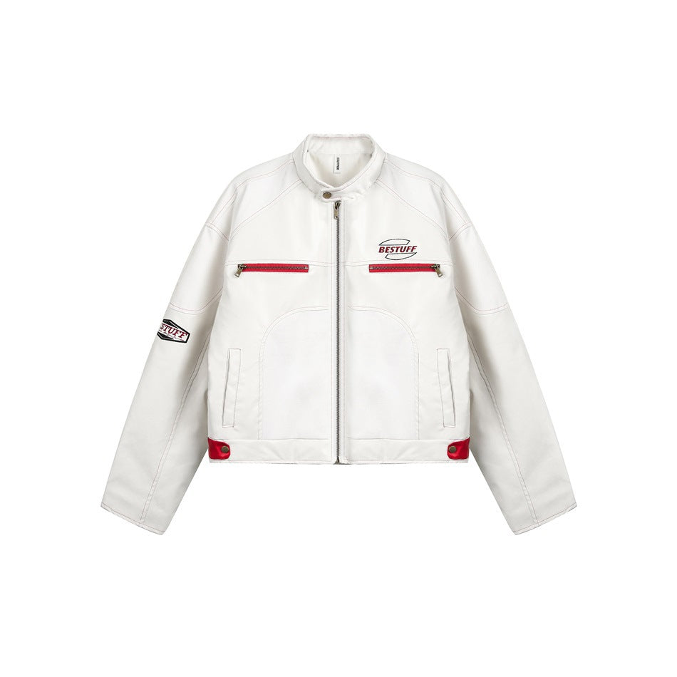 White leather-look racer jacket with red zip trim, contrast stitching, stand collar and red hem snap tabs