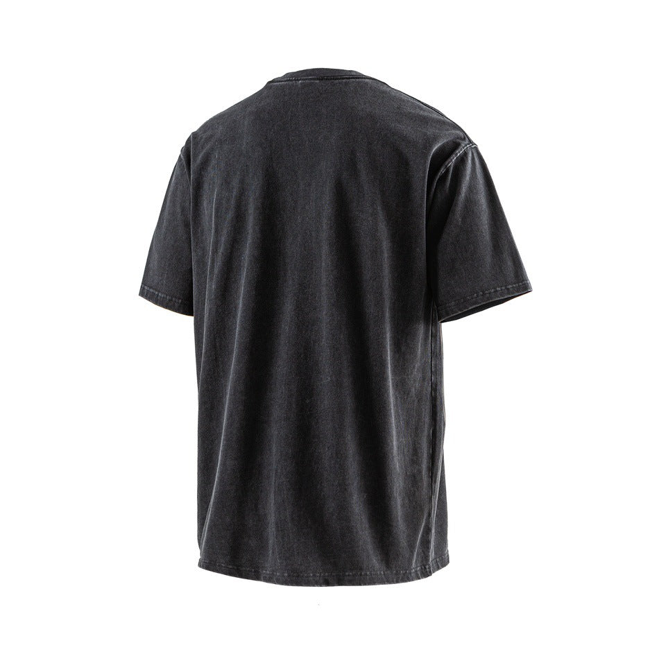 Back view of a plain washed-black short-sleeve crew-neck T-shirt.