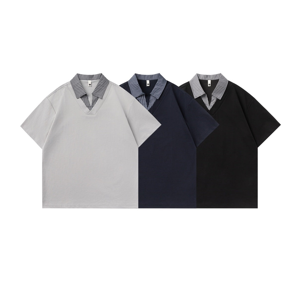 Three short-sleeve V-neck shirts in light gray, navy, and black, each with a striped collar.
