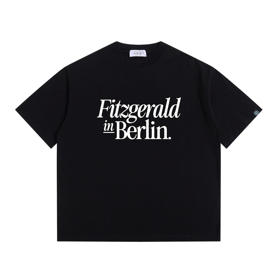 Black short-sleeve crew-neck T-shirt with white Fitzgerald in Berlin. print, flat front view