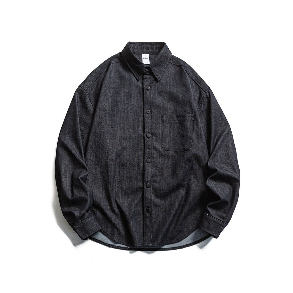 Blue long-sleeve button-front shirt with pointed collar and chest patch pocket, flat lay front view