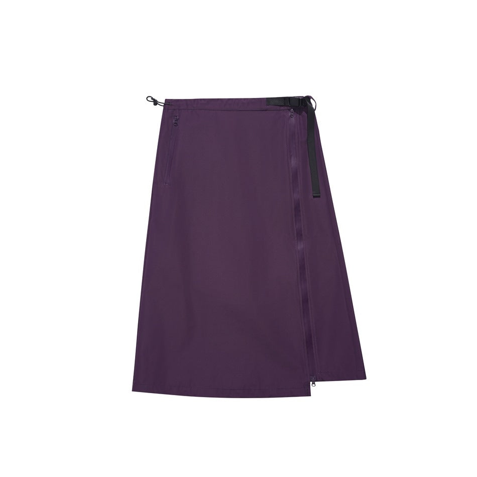 Purple A-line wrap-style midi skirt with side zipper, zip pocket, drawcord toggle and black buckle strap