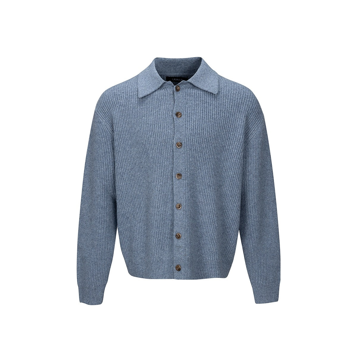 Blue ribbed-knit button-front cardigan with pointed collar, front view on white background