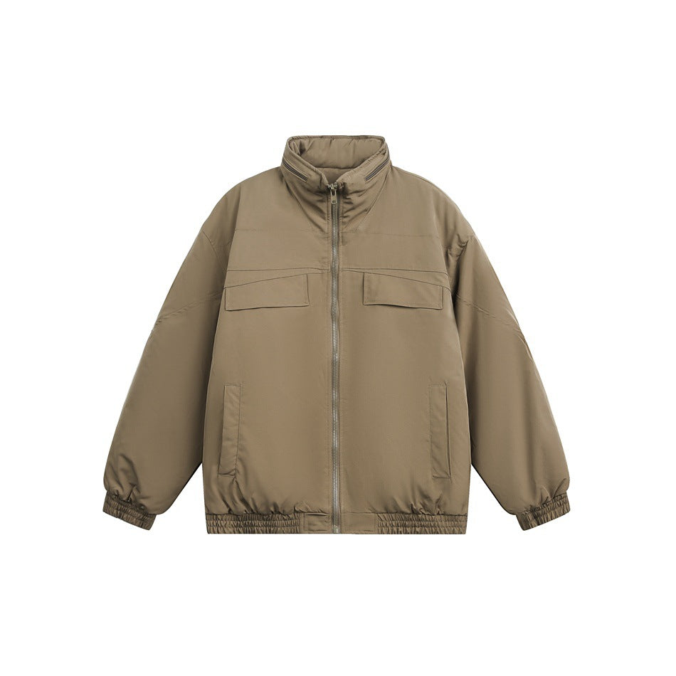 Khaki stand-collar zip jacket with chest flap pockets, front slip pockets and elastic cuffs and hem, flat front view