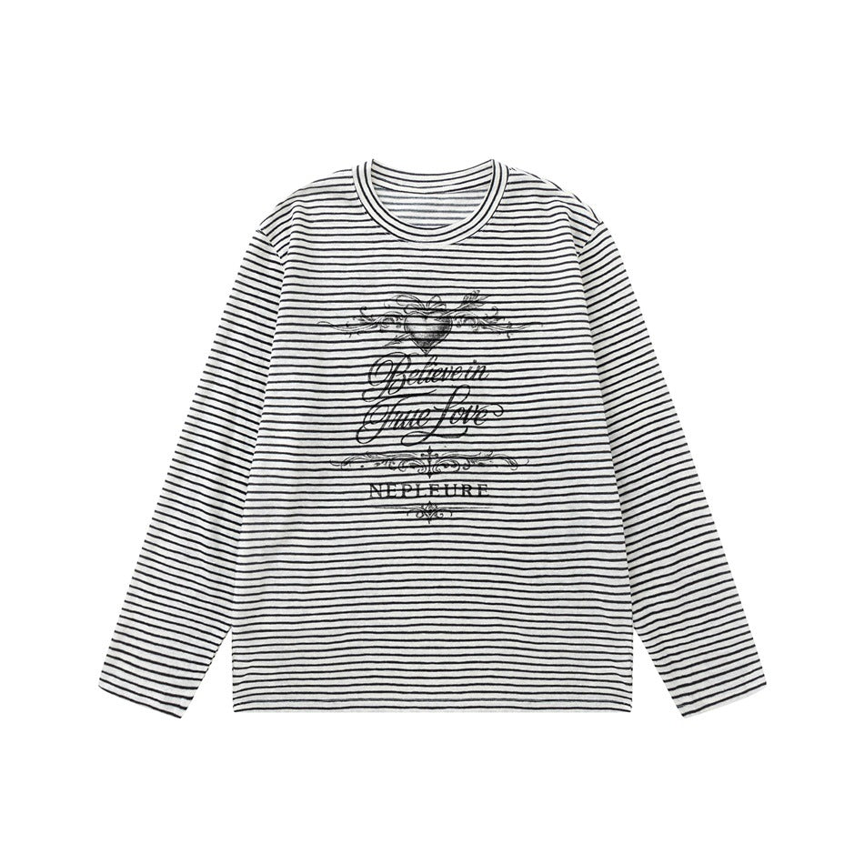 Black and white striped long-sleeve crew neck tee with heart and arrow script graphic, flat lay front view