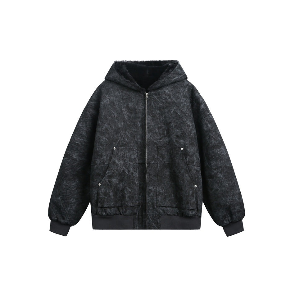 Washed dark charcoal hooded zip jacket with mottled finish, fleece-like lining, patch pockets and ribbed hem, flat lay