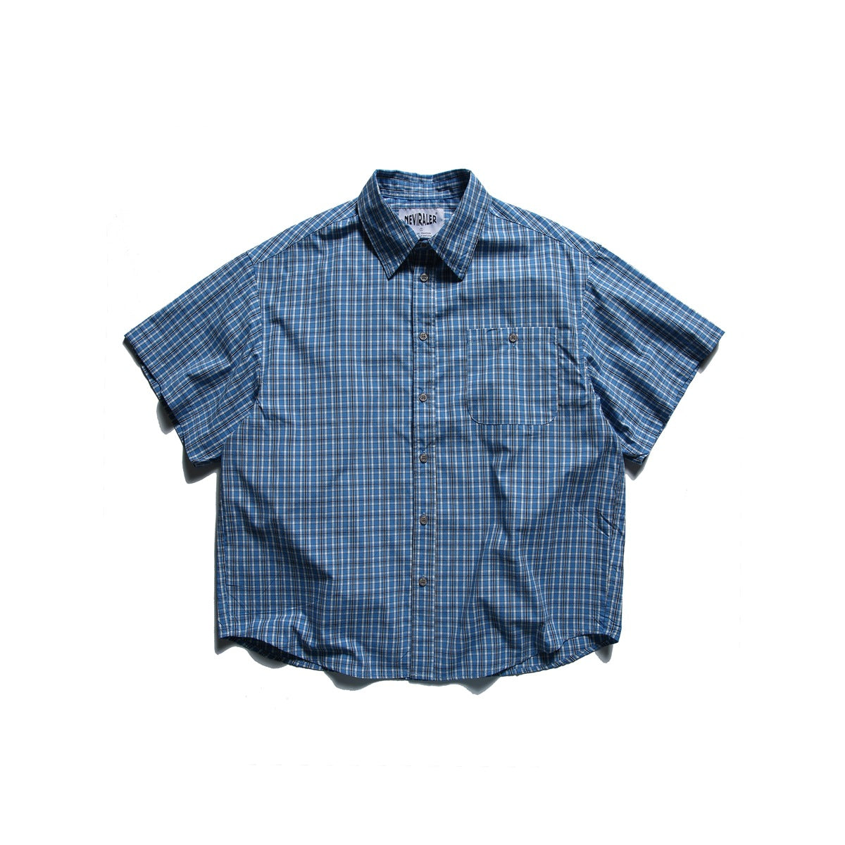Blue plaid short-sleeve button-up shirt with chest pocket, flat lay front view