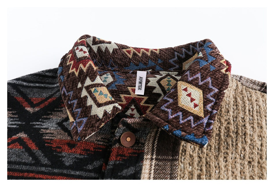Close-up of the jacket's patterned collar, button, and contrasting plaid and tan textured panels.