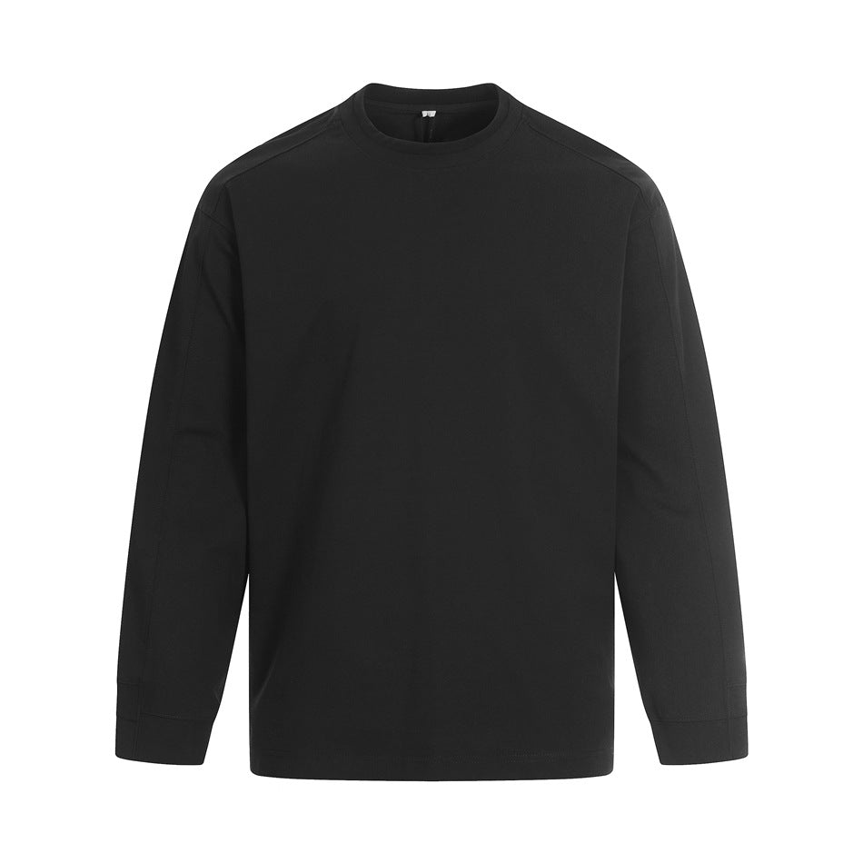 Black long-sleeve crew-neck top, flat front view with drop shoulders and wide cuff hems