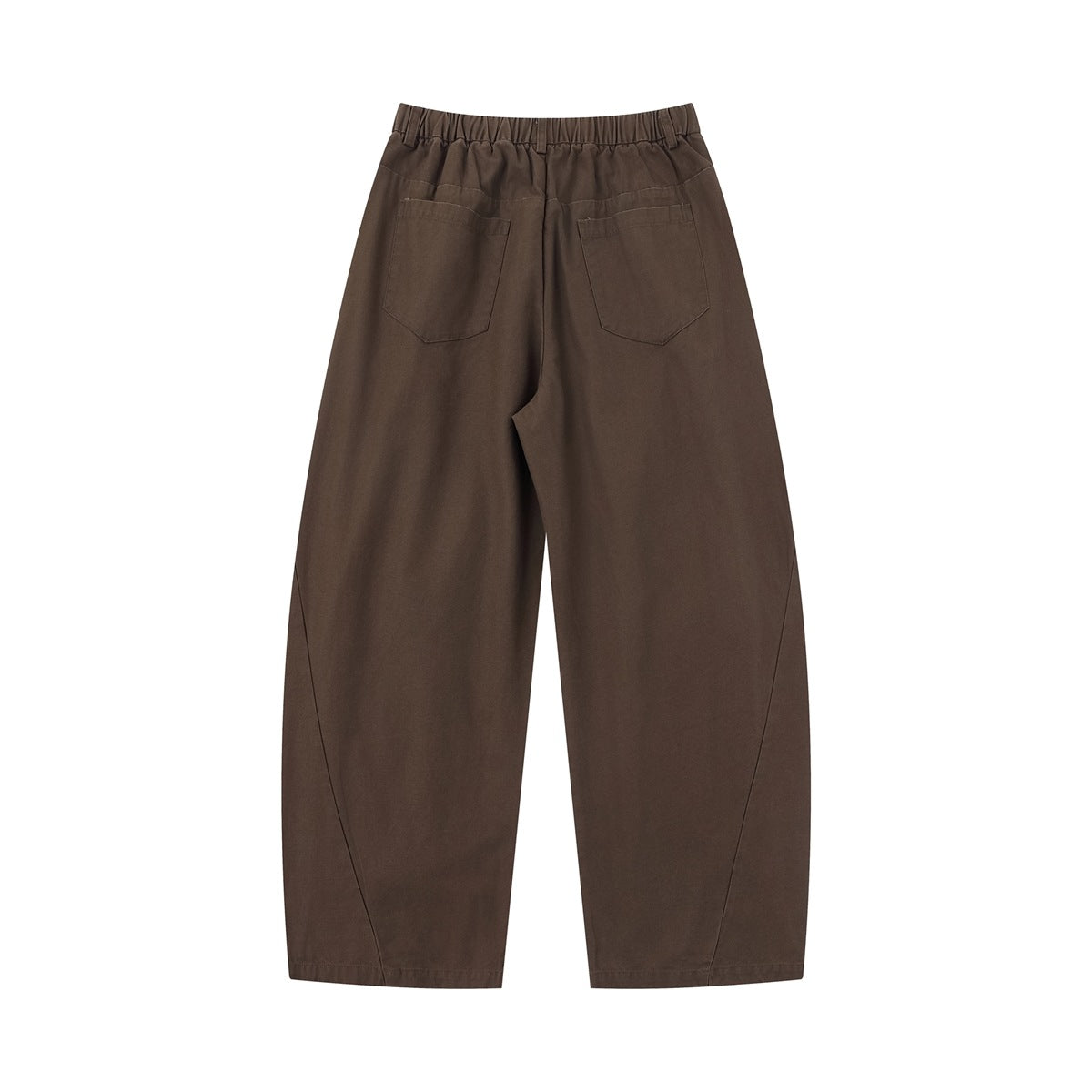 Back view of dark brown wide-leg pants with an elastic waistband and two rear patch pockets.