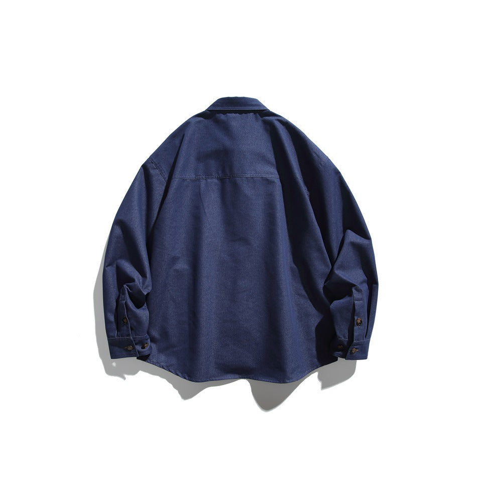 Back view of a blue button-front overshirt displayed against a white background.