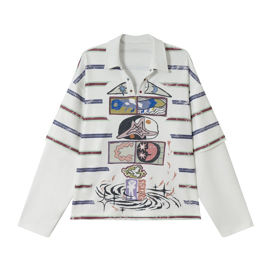 White striped polo-collar long-sleeve top with colorful graphic print and layered sleeves, flat lay front view