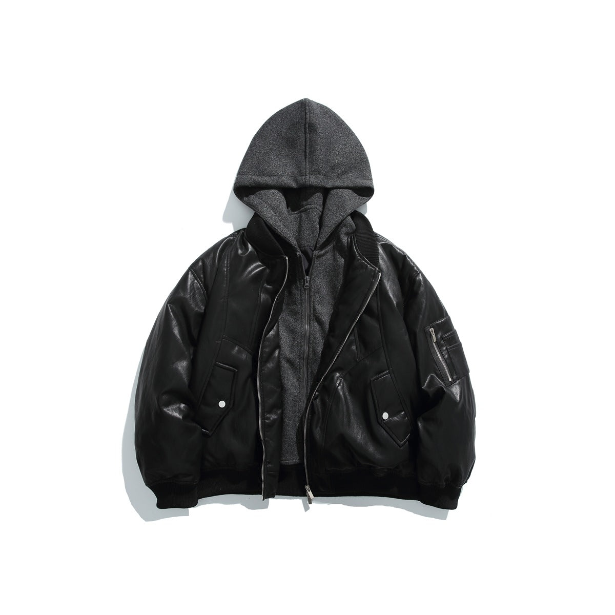 Black faux-leather bomber jacket with gray hooded zip-front layer, ribbed trim and sleeve zip pocket, flat lay