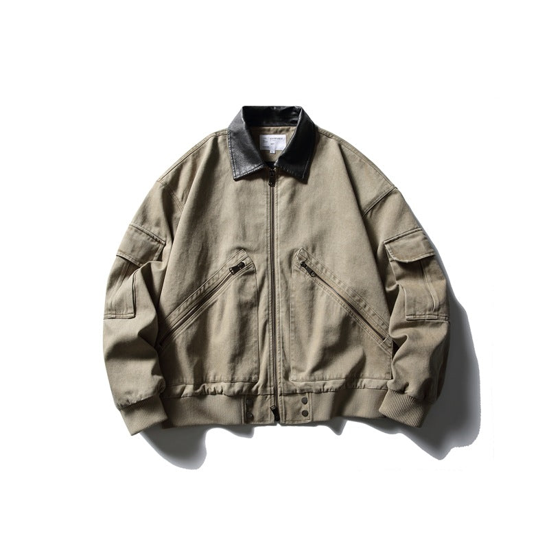 Khaki washed-look zip jacket with black collar, diagonal zip pockets and sleeve flap pockets, flat lay front view