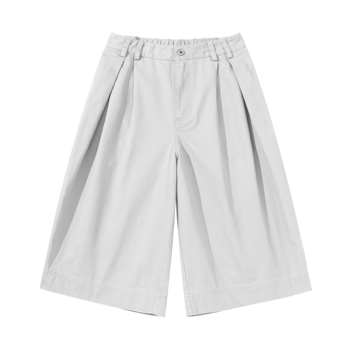 White knee-length wide-leg pleated shorts, front view, with elastic waistband tabs and button closure