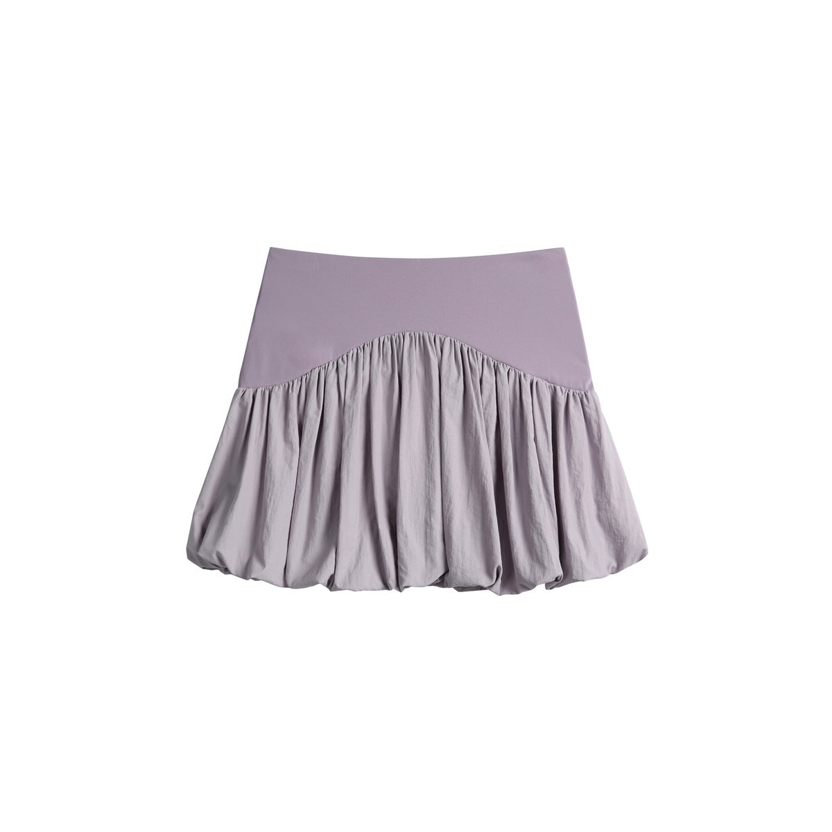 Mauve bubble mini skirt with a smooth high waistband and gathered, voluminous hem, shown against white.