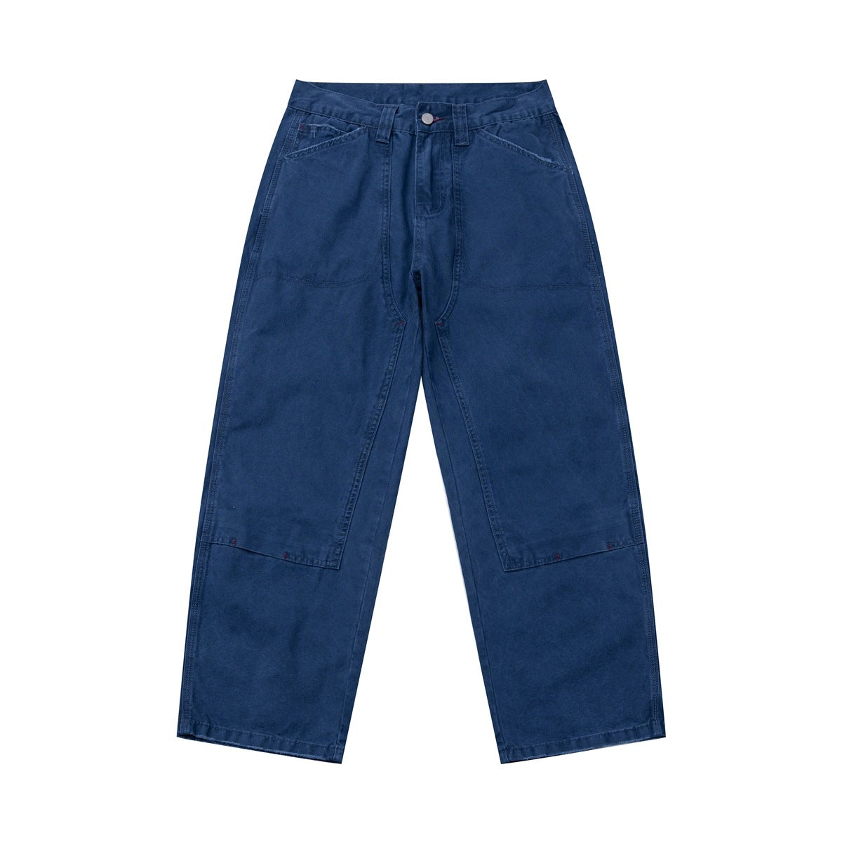 Navy blue washed straight-leg work pants, flat front view with zip fly, slanted pockets and knee panels
