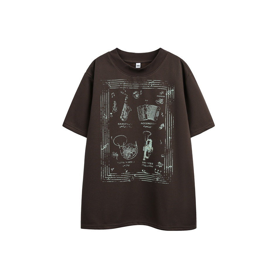 Dark brown waffle-knit short-sleeve T-shirt with a pale green vintage musical-instrument graphic on the front