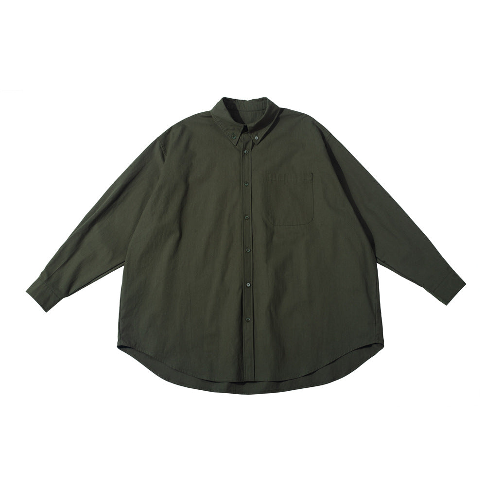 Army green oversized long-sleeve button-down shirt with chest pocket, flat lay on white background