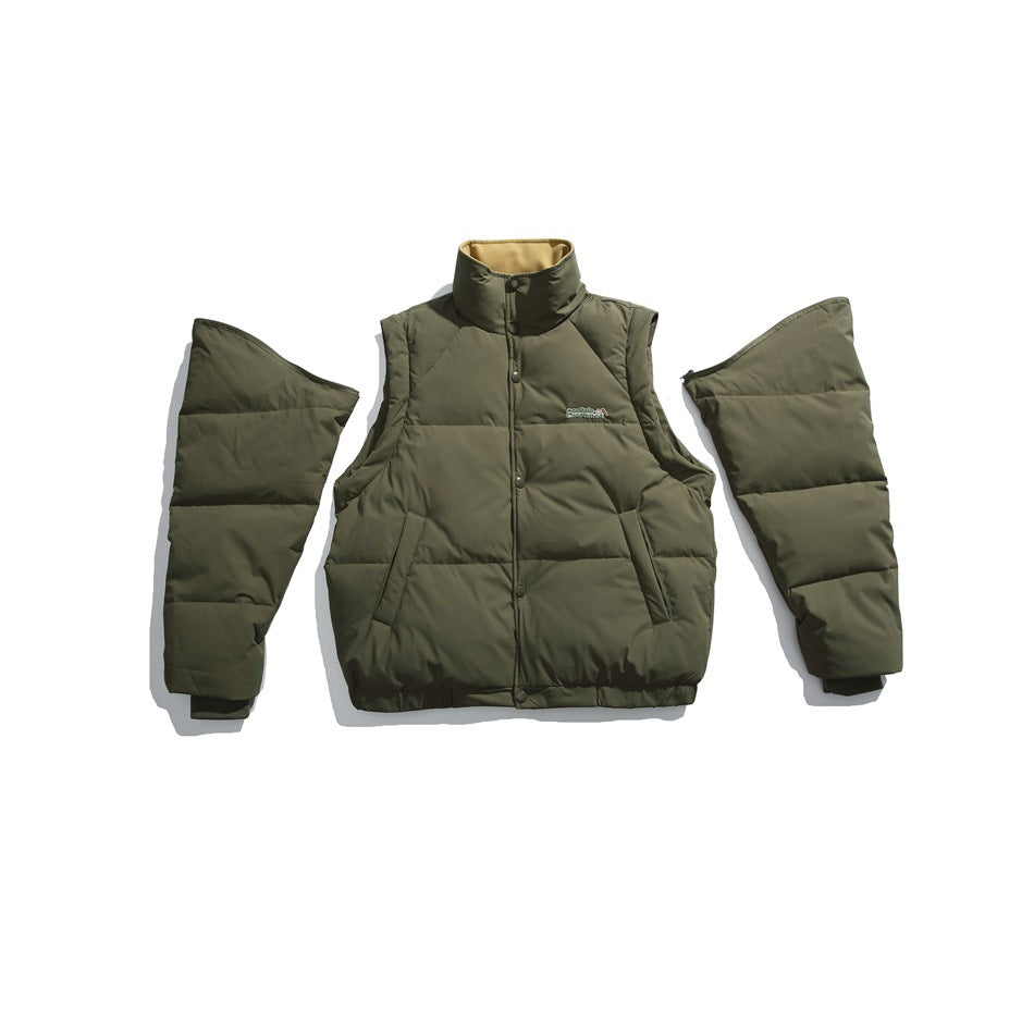 Olive-green quilted vest displayed with its two detachable padded sleeves laid beside it.