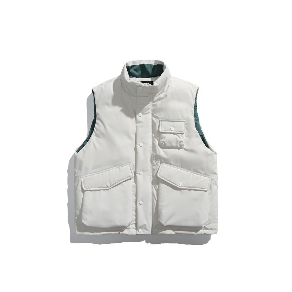 Front view of an ivory sleeveless padded vest with a high collar, snap-button closure, and three flap pockets.